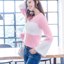 Mistletoe2017秋冬装女针织衫 韩版长袖圆领毛衣喇叭袖打底衫(粉红色 L)