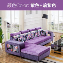 家具客厅现代转角沙发布艺 可拆洗布艺沙发组合送4个凳子(紫色暗紫 单人+双人位+右贵妃位+01茶几)
