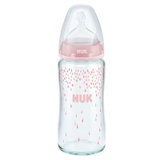 NUK宽口径玻璃奶瓶粉色240ml 配防胀气自然实感硅胶奶嘴6个月以上中圆孔