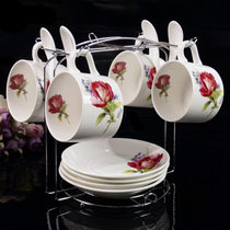 欧式陶瓷杯咖啡杯套装 金边 创意简约家用咖啡杯子碟勺带架子(浪漫玫瑰套装)
