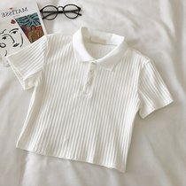 SUNTEKins超火polo领短袖t恤女夏天高腰短款修身显瘦半袖上衣坑条打底衫(2XL 白色)