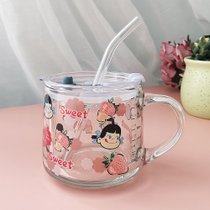 ins风玻璃杯牛奶早餐杯可爱水杯女带盖带勺子高颜值喝水刻度杯子(草莓女孩款（送PS盖+吸管） -380ml)