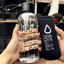 韩国创意水杯塑料杯男女士学生水瓶便携大容量随手杯简约太空杯子(透明黑盖数字款+杯套 默认版本)