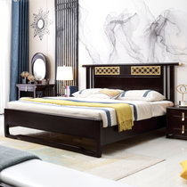恒兴达 橡胶木新中式实木床1.8米现代中式双人床1.5米婚床主卧家具(1.8*2米黑檀色 床+床垫+床头柜*2)