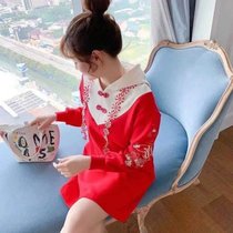 红色刺绣改良旗袍网红卫衣裙2021年加厚新款设计感连帽加绒(红色裙子-【加绒】 S 建议【70-90斤】)