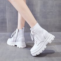 SUNTEK马丁靴女鞋子内增高8cm英伦风2021春秋季新款小个子夏季短靴(34 米色  内增高)