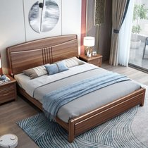 吉木多 胡桃木实木床1.8米新中式主卧室双人床1.5米现代简约高箱储物婚床(1.8*2米胡桃色 床+床垫+床头柜*2)