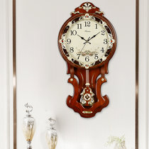 汉时(Hense)欧式创意复古石英静音挂钟客厅自动校时实木装饰摆钟HP07(棕色大号-电波机芯)