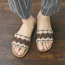 SUNTEK亚麻拖鞋女家居室内地板春秋季居家用情侣四季麻拖鞋冬男士棉麻布(44-45（适合43-44脚） 咖啡色（波浪）)