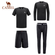 CAMEL骆驼健身套装 跑步速干训练服 男士运动紧身四件套 A7W2S1102(黑色拼黑色线条/四件套 XXL)