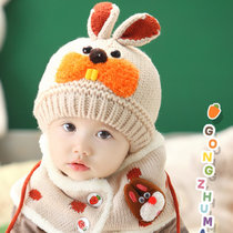 韩国婴儿帽子秋冬季0-3-6-12个月男女宝宝帽子儿童毛线帽围巾保暖套装0-1-2-3岁(米色)