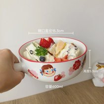 韩版ins风可爱卡通大号泡面碗带盖学生宿舍大容量陶瓷餐具手柄碗(不二家碗标准款)