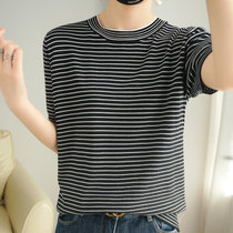 蒂克罗姆曲珠条纹半高短袖针织衫(黑色 XL)
