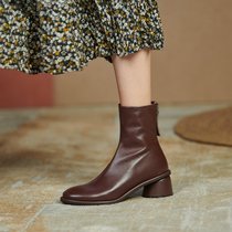 SUNTEK羊皮中跟女靴子2021秋冬季新款女鞋百搭米白色粗跟圆头小短靴(34 棕色（单里）)