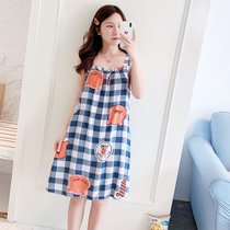 SUNTEK绵绸睡衣女夏绸吊带睡裙甜美可爱性感休闲可外穿背心裙家居服(669格子小熊)