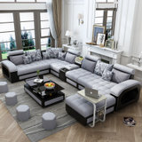 紫茉莉简约现代布艺沙发组合大小户型可拆洗乳胶转角客厅整装家具(黑灰色（绒布） 两件套)