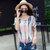 莉菲姿 2017夏装女装上衣韩版时尚修身大码条纹衬衣打底衫雪纺衬衫(蓝色 XL)