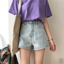 夏装2018韩版高腰简约纯色牛仔裤女显瘦直筒裤短裤热裤(浅蓝)(L)