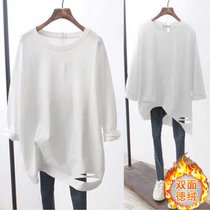 SUNTEK春装2022年新款白色长袖T恤女宽松叠穿内搭中长款卫衣打底衫(M 纯白色【加厚】德绒 米白)