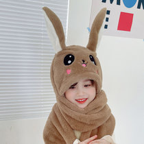 会动的兔耳朵帽子儿童围巾一体秋冬季女童可爱男童2021宝宝保暖帽(10岁及成人以上+一捏耳朵会动 仿兔绒-卡其色)