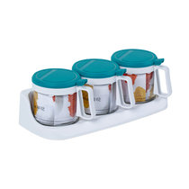 茶花调料罐组合套装调味盒盐罐佐料收纳盒家用厨房调料瓶密封玻璃(300ml罐子3个 单层架子（深蓝）)