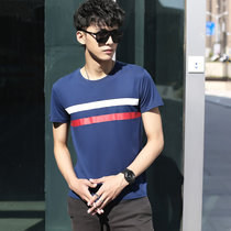 左岸夏季新款韩版男士时尚条纹印花短袖T恤男生上衣潮(宝蓝 XXXL)