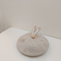 SUNTEKins秋冬新款韩版婴幼儿童洋气针织帽贝雷帽子宝宝柔软画家毛线帽(约7个月-4岁（46-52cm）有弹性 米色（兔耳朵）)