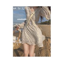 春日桔梗初恋裙 新品V领长袖高腰短裙(碎花 L)