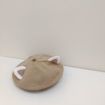 SUNTEKins秋冬新款韩版婴幼儿童洋气针织帽贝雷帽子宝宝柔软画家毛线帽(约7个月-4岁（46-52cm）有弹性 卡其色 （猫耳朵)