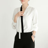 MISS LISA 职业雪纺衬衫春季长袖飘带蝴蝶结撞色衬衣86216(白色 S)