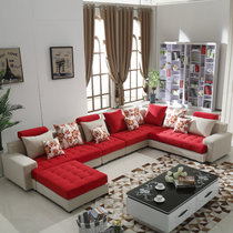 紫茉莉 沙发 布艺沙发 小户型沙发 简约现代客厅三人转角布艺沙发(米黄酒红 三件套送地毯)