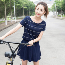 莉菲姿 少女夏装韩版新款休闲运动套装短袖学生夏季两件套短裙(深蓝色 XL)