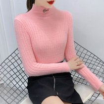 春秋款水貂绒毛衣女士长袖套头新款洋气短款内搭外套半高领打底衫(粉红色 XL)