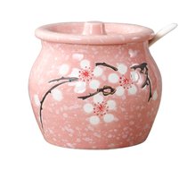 日式调料盒陶瓷装盐罐单个辣椒油罐猪油罐家用带盖调味罐放盐家用(380m粉红色（送小勺）)
