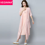 VEGININA 民族风文艺中长款宽松两件套连衣裙 D6031(粉色 L)