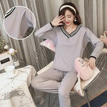SUNTEK月子服春秋产后孕妇睡衣女夏季薄款哺乳期家居服产妇喂奶套装(CY-孕妇8010#灰色V领)