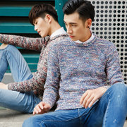 2016新款韩版修身毛衣男潮圆领套头英伦复古粗线外套男士针织毛衫8513xinniao(蓝色 L)