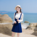 2018秋装新款韩版修身显瘦长袖喇叭袖背带裙两件套连衣裙套装裙(蓝色)(XS)