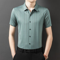 冰丝短袖寸衬衫男夏季新款青年免烫条纹休闲商务男士衬衣爸爸上衣   WLXF C-5(PB-WLXF C-5绿色 130)