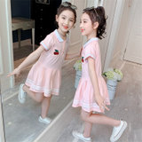 女童夏装连衣裙2021新款韩版儿童洋气公主裙短袖 中大童纯棉A字裙(深蓝色 110)