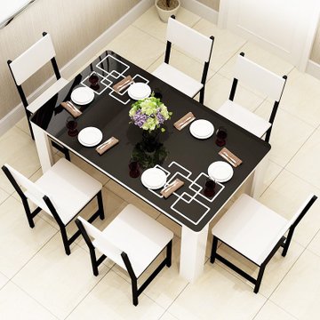 豫见美农雪艳餐桌椅组合6人简约现代组合长方形钢化玻璃实木质餐桌
