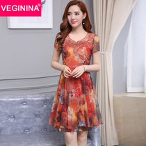 VEGININA 韩版中长款修身印连衣裙 9641(桔红色 5XL)