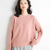 2021秋冬季新款女士圆领针织套头羊毛衫时尚百搭宽松提(粉色 XL)
