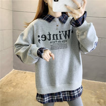 灵薇雅-春季韩版字母印花假两件格子衬衫领宽松中长款卫衣外穿春装上衣(灰色 XL)