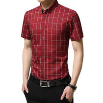 男士夏季格子衬衫 修身男式衬衫棉格子免烫短袖衬衫(酒红色 XXXL)