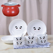 4升砂锅+6个米饭碗+6根勺子+4个8英寸菜盘子碟子骨瓷餐具套装青花瓷陶瓷器喝汤碗家用韩式