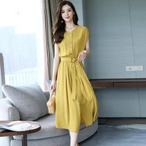 雪纺连衣裙夏季2021新款修身长款气质长裙很仙的法国小众流行裙子(黄色 M)