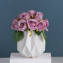 北欧陶瓷折纸花瓶莫兰迪花器仿真花艺玫瑰套装客厅玄关装饰摆件(白花瓶+紫色12头把束玫瑰)