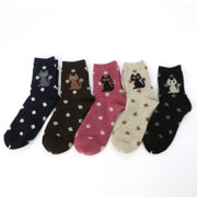 日本直采 濑川靴下 女士羊毛厚质地短袜 猫咪图案 5双组合 23-25CM