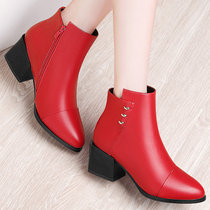 秋冬季新款尖头方跟侧拉链休闲短靴女靴马丁靴女鞋子BN1523(红色 39)